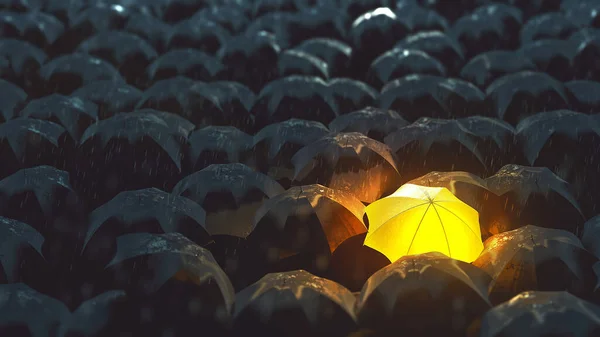 Egyetlen Ragyogó Esernyő Fekete Esernyők Tengerében Egy Esővihar Idején — Stock Fotó
