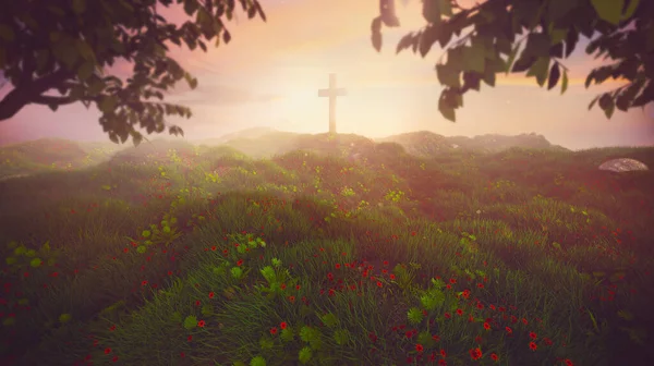 Das Kreuz Jesu Auf Einem Hügel Bei Sonnenaufgang Einer Hübschen — Stockfoto