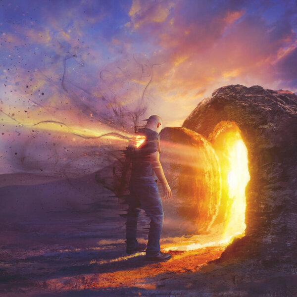 Человек стоит перед пустой гробницей и получает новое сердце