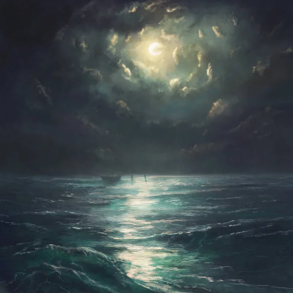 Cyfrowa Ilustracja Morza Nocy Gdy Piotr Jezus Spacerują Wodzie Oddali — Zdjęcie stockowe