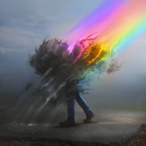 Ein Regenbogen Verliert Seine Farbe Einer Dunklen Wolke Eine Person — Stockfoto