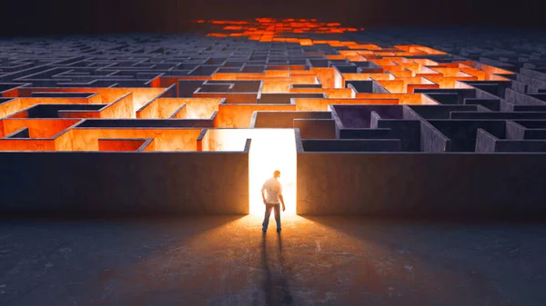 Ein Mann Steht Vor Einem Großen Labyrinth Mit Lichtern Die Stockbild