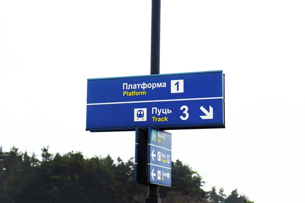 Demiryolunda Rusça yazılı bilgi işareti: platform, ray, çıkış, biletler, tuvalet