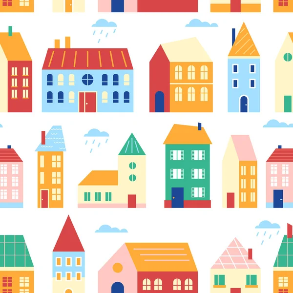 Ilustración de vectores de patrón sin costuras de casas, paisaje urbano lindo plano de dibujos animados con edificios coloridos, casas adosadas tradicionales retro en fila — Vector de stock