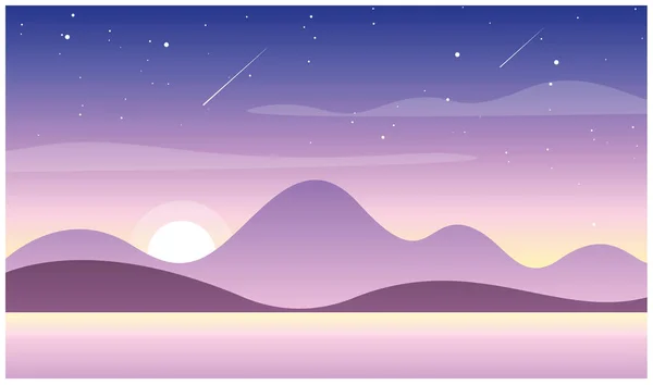 Ilustração vetorial do belo pôr do sol nas montanhas com lago. Natureza selvagem, conceito de viagem em cores pastel, pôr do sol ou nascer do sol em montanhas e colinas em estilo cartoon plana. —  Vetores de Stock