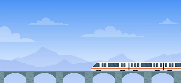 Viaje por ilustração do vetor do trem, trem expresso elétrico moderno liso dos desenhos animados com viajantes que viajam pela estrada ferroviária na ponte ferroviária — Vetor de Stock