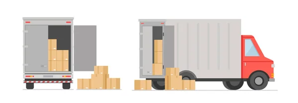 Ilustración vectorial de camión con cajas. Cajas de correos, mudarse a una casa nueva. Transporte, entrega y concepto logístico en estilo plano de dibujos animados. — Vector de stock