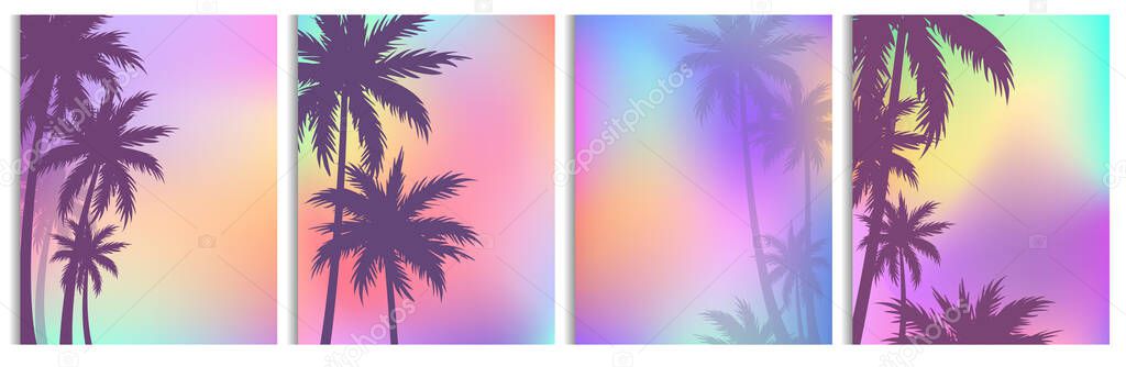 Vector illustration set of palm trees backgrounds, colorful palms silhouettes in flat style.