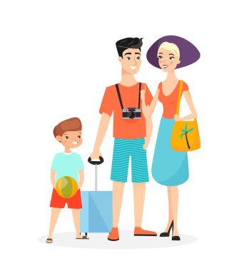 Mutlu bir ailenin vektör çizimi, yazın birlikte zaman geçirmek. Anne, baba ve oğul beyaz arka plan çizgi film karakterlerinde izole edilmiş yaz kıyafetleri içinde seyahat etmeye hazırlar..
