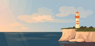 Deniz feneri ve deniz manzarası, kaya taşı adasındaki karikatür düz deniz feneri kulesi, mavi deniz manzarası, dalgalar ve martılar.
