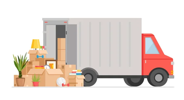Доставка коробки по векторной иллюстрации грузовика, мультипликационный фургон с плоским курьером доставляет коробки с товарами, упаковки с домашними вещами, транспортные услуги изолированы на белом — стоковый вектор