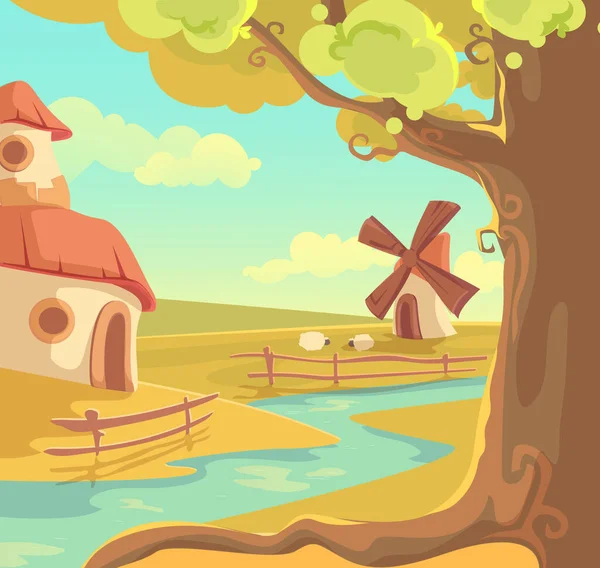 Fantasy landsbygd landskap vektor illustration, söt tecknad vacker sommar landskap, by med sagohus stuga för magisk karaktär vid floden — Stock vektor