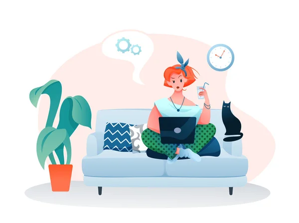Ilustración de vectores planos de trabajo en casa independiente, personaje independiente de mujer joven de dibujos animados que trabaja en línea con computadora portátil, sentado en un sofá aislado en blanco — Archivo Imágenes Vectoriales