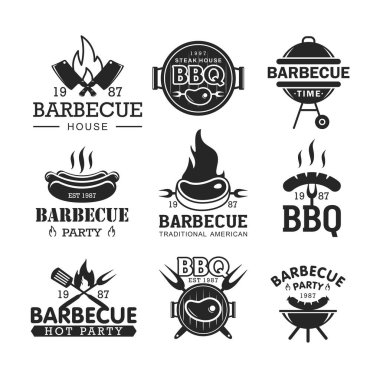 Barbekü partisi siyah ve Whitevector logosu seti