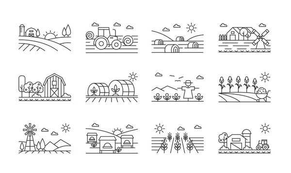 Conjunto lineal de iconos agrícolas en blanco y negro — Vector de stock
