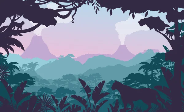Illustrazione vettoriale piatta della giungla tropicale. Bellissimo paesaggio forestale serale, flora e fauna esotiche. Vista foresta pluviale africana con silhouette di gatto selvatico e vulcani fumanti sullo sfondo. — Vettoriale Stock