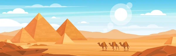 Pirámides en el desierto vector plano ilustración panorámica. Paisaje egipcio en el fondo de dibujos animados durante el día. Camellos caravana y Egipto lugares de interés escenografía. Animales africanos y dunas de arena panorama. — Vector de stock