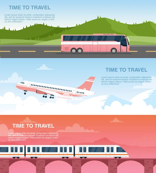 Set di modelli vettoriali per banner web da viaggio. Agenzia turistica pubblicità disegni pack. Trasporto aereo, ferroviario e stradale. Illustrazioni di aeroplani, autobus e treni con spazio di testo. — Vettoriale Stock