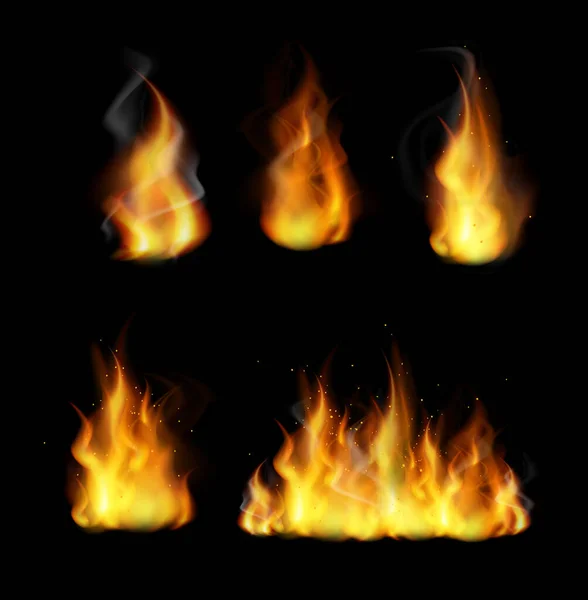 Forks of flame realistic 3d vector illustrations set. Burning yellow bonfire with bright sparks collection isolated on black background. Fireflames collection. Blazing, flaring, ignition. — Stock Vector