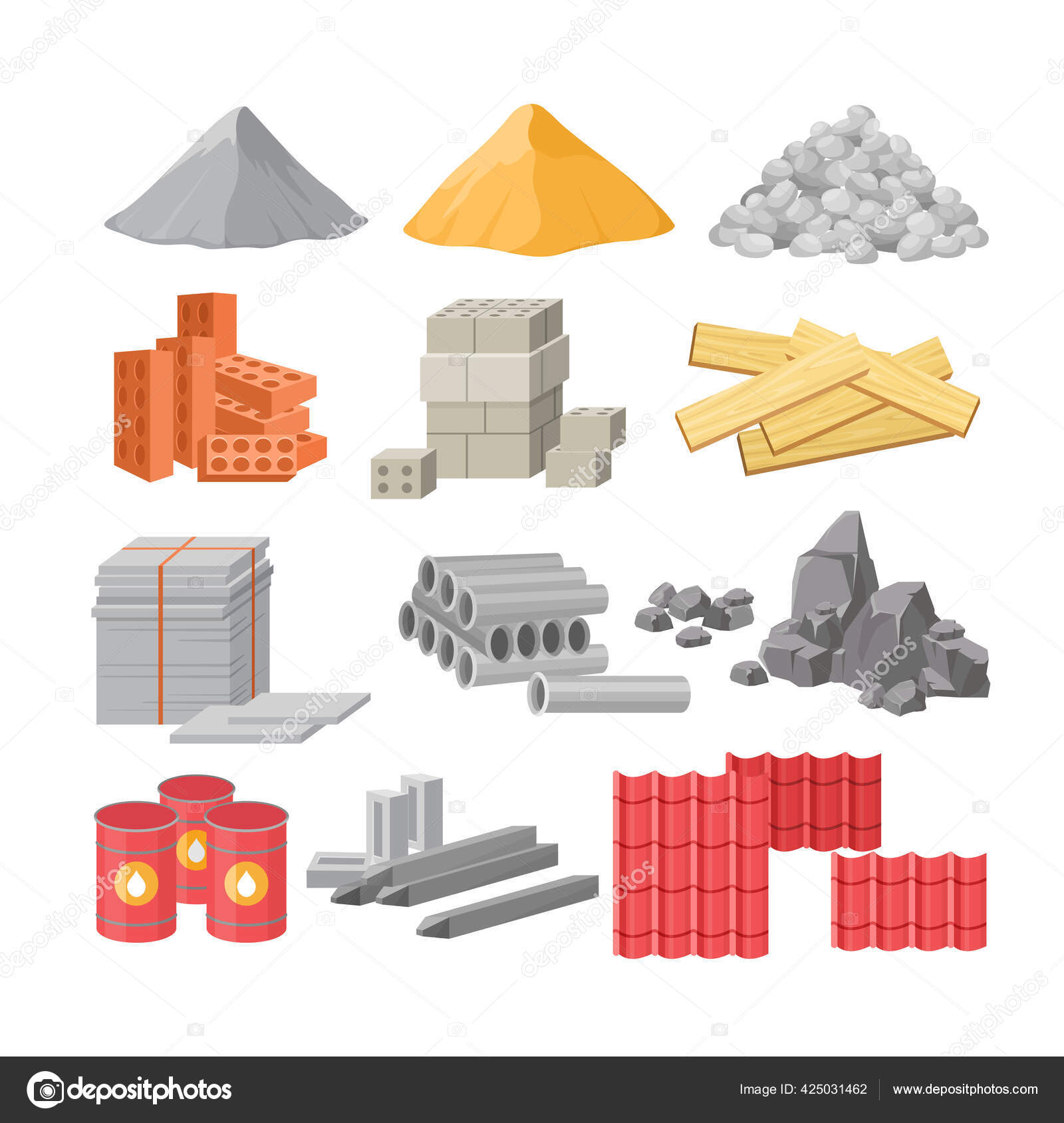 Stavebni Materialy Ploche Vektorove Ilustrace Nastaveny Hromadky Cementu Pisku A Sterku Vystavba Renovace Zasob Cihly A Drevo Izolovane Na Bilem Olejove Sudy Kovove Nosniky A Stresni Tasky Stock Vektor C Nataliia2910 Gmail Com