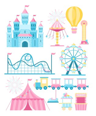 Lunapark eğlenceleri dairesinin vektör çizimleri. Çizgi film dönme dolap, lunapark treni ve bilet gişesi. Fuar alanı, lunapark tasarım elemanları paketi. Sirk çadırı, forvet, dondurma.