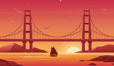Köprü ve tekne gün batımında düz vektör çiziminde. Güzel San Francisco manzarası, arka planda Golden Gate köprüsü olan bir eğlence gemisi. Günbatımında yelkenli silueti. Resimli akşam manzarası.