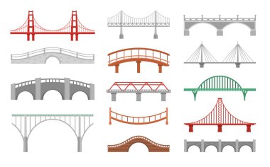 Farklı köprüler düz vektör çizimleri ayarlandı. Beyaz arka planda izole edilmiş çeşitli köprüler. Büyük şehir ve küçük ahşap köprüler. Büyük şehir simgeleri ve basit pasaj koleksiyonu.
