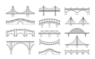Köprü simgelerinin vektör çizimi. Köprülerin türleri. Farklı köprülerin doğrusal biçim simgesi koleksiyonu. Bilgi tasarımı ve kentsel konsept elementlerinde olası kullanım.