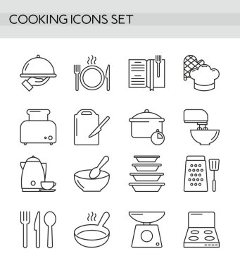Aşçılık aksesuarları, mutfak ekipmanları, çatal bıçak ve çatal bıçak takımı basit çizgi ana hatları simgeleri