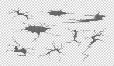 Gerçekçi vektör çizimleri ayarlandı. Mahvolmuş duvar, yıkım, hasar görmüş zemin yüzeyi, deprem sonuçları. 3 boyutlu çatlaklar, şeffaf arkaplanda izole edilmiş çatlak koleksiyonu.