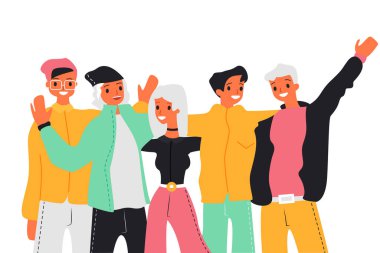 Fotoğraf için gülümseyen ve poz veren mutlu arkadaşların vektör çizimi. Genç arkadaşlar, oğlanlar ve kızlar sarılıyor. Arkadaşlık kavramı.