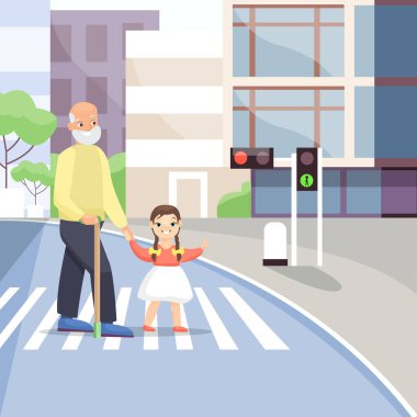 Yaşlı adam düz vektör illüstrasyonunu geçiyor. Yaya geçidi, trafik ışıkları. Yaşlılar yardım kavramı. Büyükbaba ve küçük kız yaya geçidi çizgi film karakterlerinde..