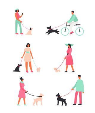 Vektör illüstrasyonu köpekli insanları ayakta ve dışarıda yürümeye zorladı. Komik köpeklerle yürüyen mutlu insanlar. Çizgi film düz stili çizimler.