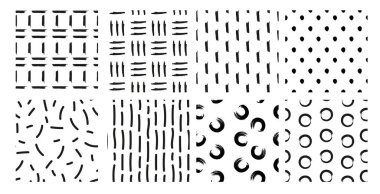 El çizimleri, pürüzsüz desenler ve dokular. tasarım elemanları koleksiyonu. noktalar, vuruşlar, beyaz arkaplanda grunge tarzı süslemeler.