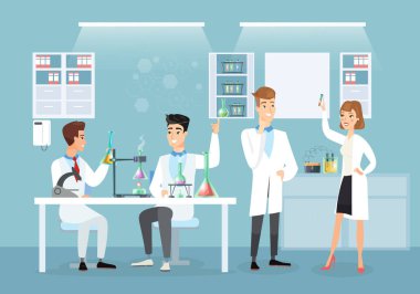 Tıp laboratuarında aşı yapan doktorların vektör çizimi. Bilim adamları, Coronavirus, düz çizgi film tarzında aşılama kavramı.