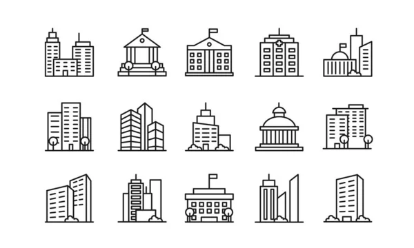 Lineare Symbole für Großstädte. Urbane Architektur. Staatliche Institutionen, religiöse und kulturelle Denkmäler. Bildungszentren und Wohngebäude stehen isoliert auf weißem Hintergrund. — Stockvektor