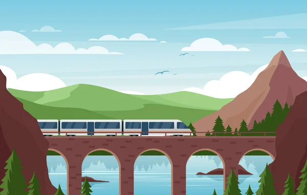 Speed train on stone bridge flat vector illustration. Modern railroad vehicle on scenic background. Beautiful landscape with contemporary public transport, green hills and mountains. Railway travel. — Stock Vector