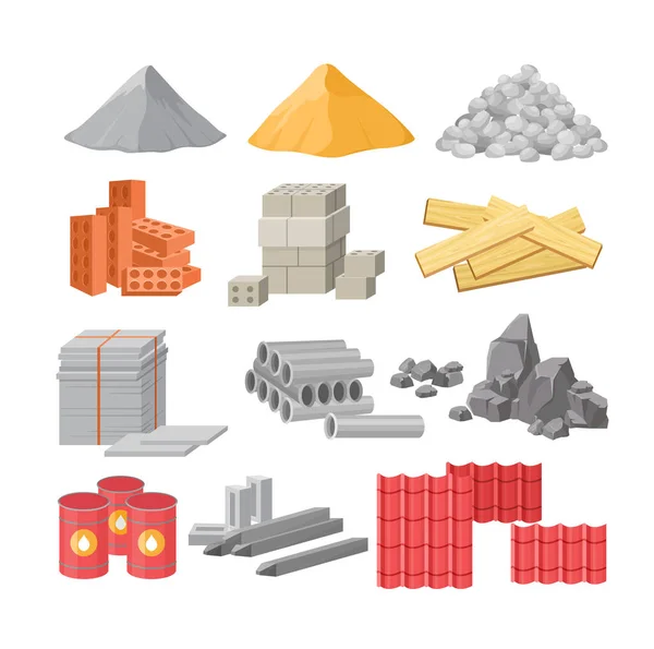 Baumaterialien flache Vektor-Illustrationen eingestellt. Zement, Sand und Kieshaufen. Bau-, Renovierungsarbeiten Lieferungen. Ziegel und Holz isoliert auf weiß. Ölfässer, Metallträger und Dachziegel. — Stockvektor