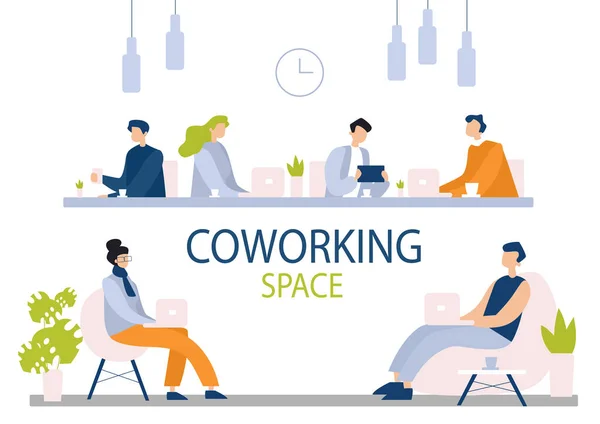 Συνεργαζόμενο χώρο επίπεδη διανυσματική απεικόνιση. Γραφείο, χώρος εργασίας, ομαδική εργασία και συνεργασία. Συνάδελφοι, συνάδελφοι, διευθυντές γραφείων που εργάζονται μαζί απρόσωποι χαρακτήρες απομονωμένοι σε λευκό φόντο. — Διανυσματικό Αρχείο