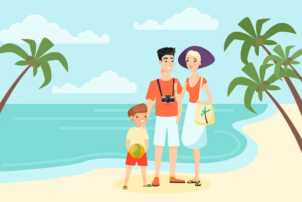 Familie vakantie over zee of oceaan platte cartoon kleur concept vector illustratie — Stockvector