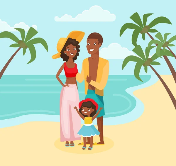Familienurlaub Wohnung Vektor Illustration. Sommerzeit, Erholung, Besuch tropischer Länder. Eltern und Tochter am exotischen Strand, lächelnde Menschen, Familie, die sich zusammen ausruht. — Stockvektor