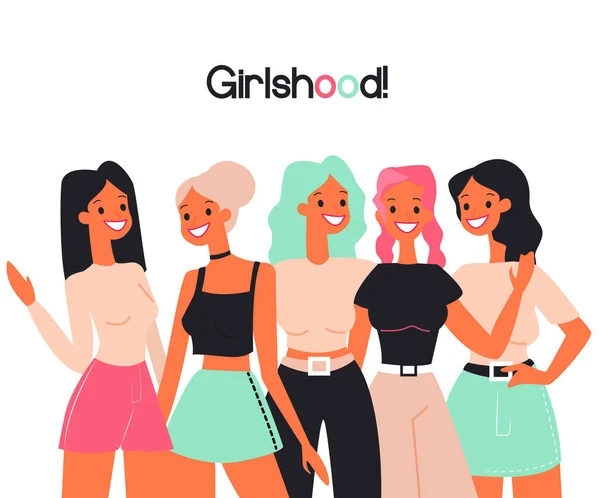 Girlshood, Girls, women team flat color vector illustration — стоковий вектор