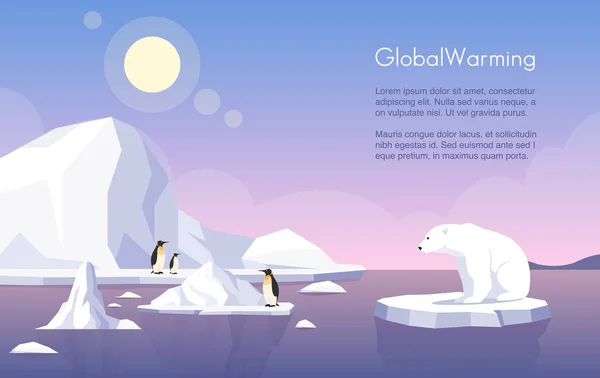 Banner-Vorlage zum Vektor der globalen Erwärmung. Nordpol, schmelzende Gletscher, Pinguine und Eisbär auf Eisscholle flache Illustration mit Textfläche. Klimawandel, Anstieg des Meeresspiegels, Naturschäden. — Stockvektor