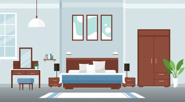 실내 침실의 다채 로운 편평 한 디자인 개념 벡터 그림과 가구 및 창 — 스톡 벡터