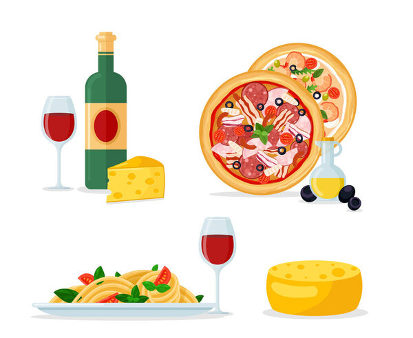 Italian traditional food and mill color cartoon flat vector illustration set
