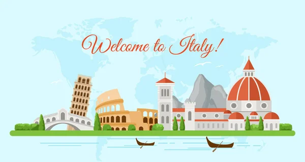 Bienvenido a Italia plantilla de vector de bandera plana. Famosos monumentos arquitectónicos italianos ilustración de dibujos animados con texto. Atracciones turísticas, coliseo, torre de pisa — Vector de stock