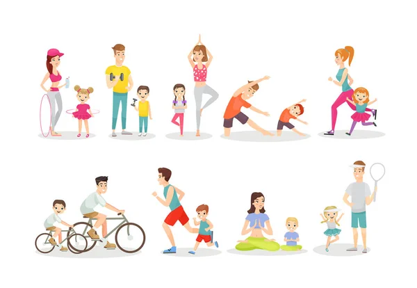 Sport aktivitet platt vektor illustrationer som. Aktiv fritid, övningar, atletisk livsstil. Fitness och yoga, cykling och löpning. Föräldrar och barn som gör sport isolerade seriefigurer. — Stock vektor