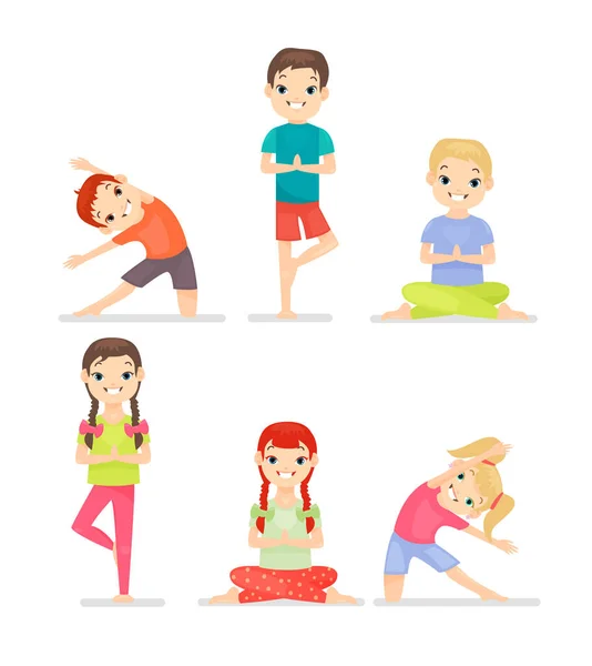 Kid yoga gymnastic exercises cartoon flat vector illustration set. Cute boys and girls — Stock Vector