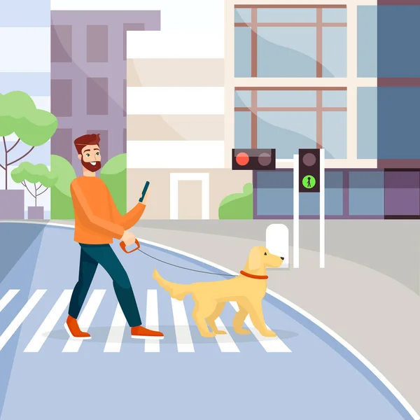 Mann überquert Straße mit Blindenhund Zebrastreifen, Ampel auf Grün. Konzept der Blindenhilfe. Kerl mit Haustier auf Zebrastreifen Zeichentrickfigur. — Stockvektor