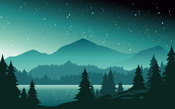 Berge und See bei Nacht Landschaft flache Vektorillustration. Naturkulisse mit Tannen und Berggipfeln am Horizont. Tal, Fluss und Sternenhimmel Szene Cartoon Hintergrund. — Stockvektor